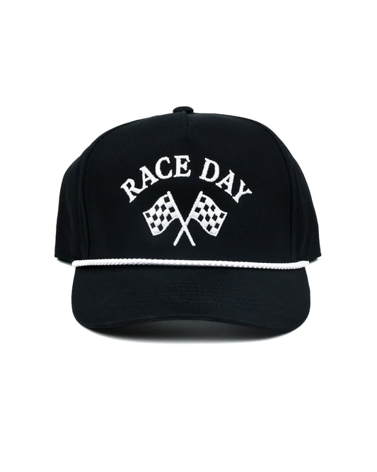 Race Day Checkered Flags Hat in black with white rope"