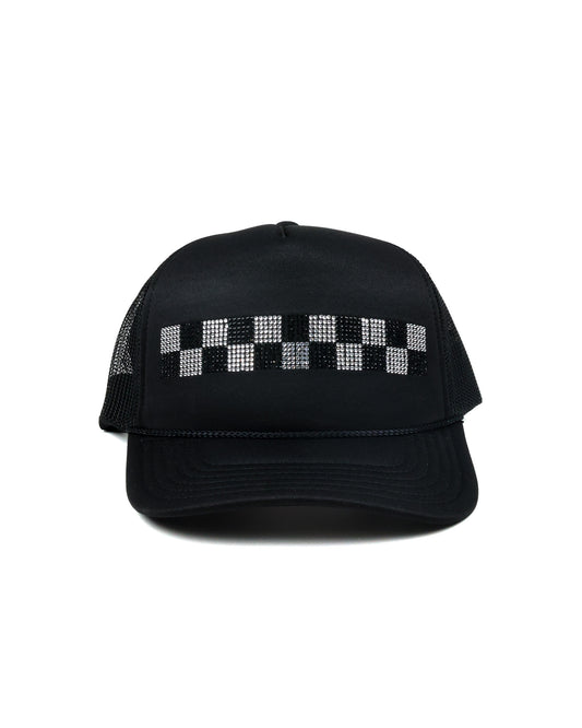 Rhinestone Checkered Trucker Hat by Race Royalty, women's race day mesh trucker hat with rhinestone detailing
