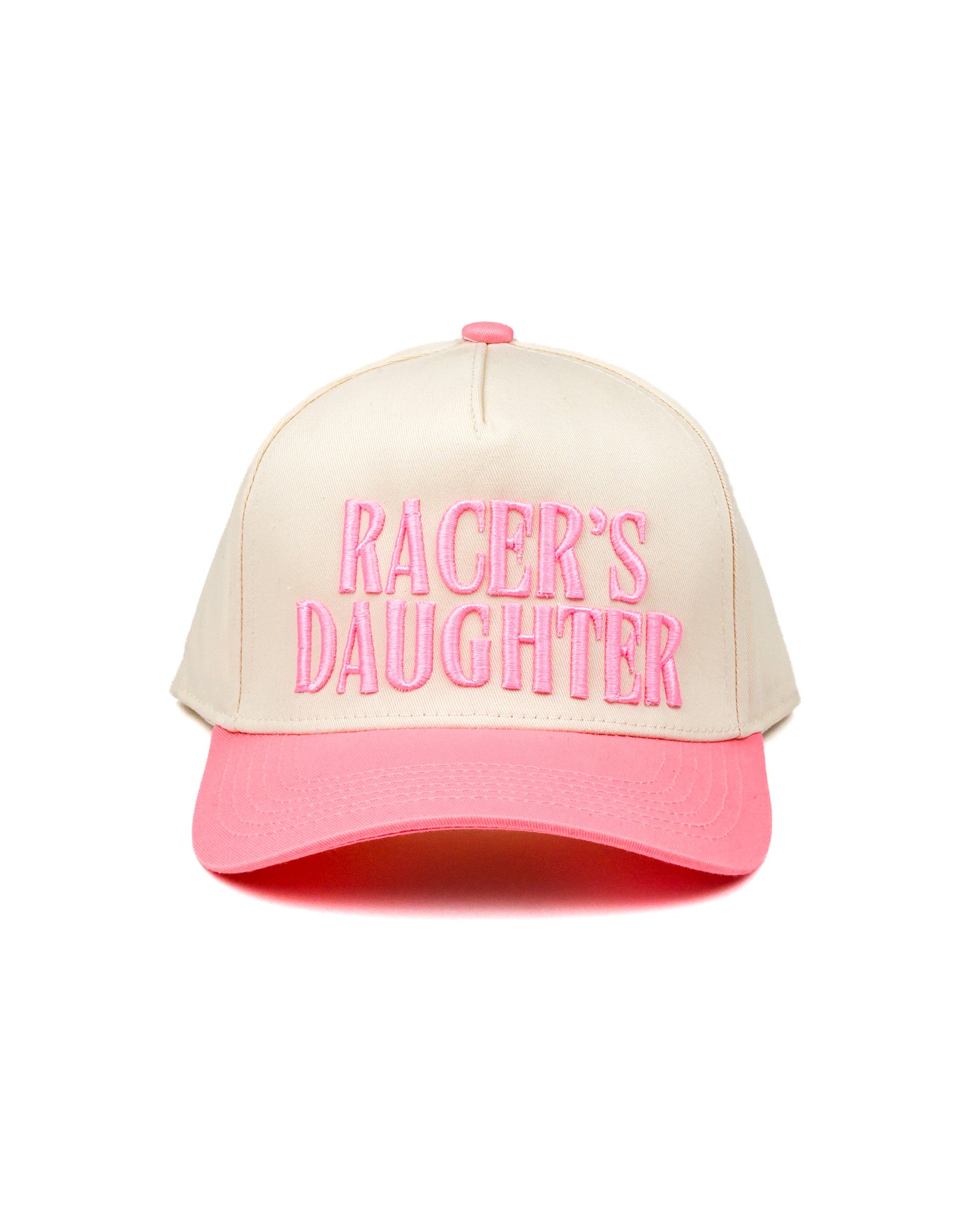 Race Royalty™ RACER'S DAUGHTER Hat in Cream/Pink — pink puff embroidered snapback race day hat.