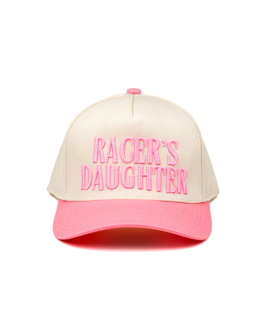 Race Royalty™ RACER'S DAUGHTER Hat in Cream/Pink — pink puff embroidered snapback race day hat.