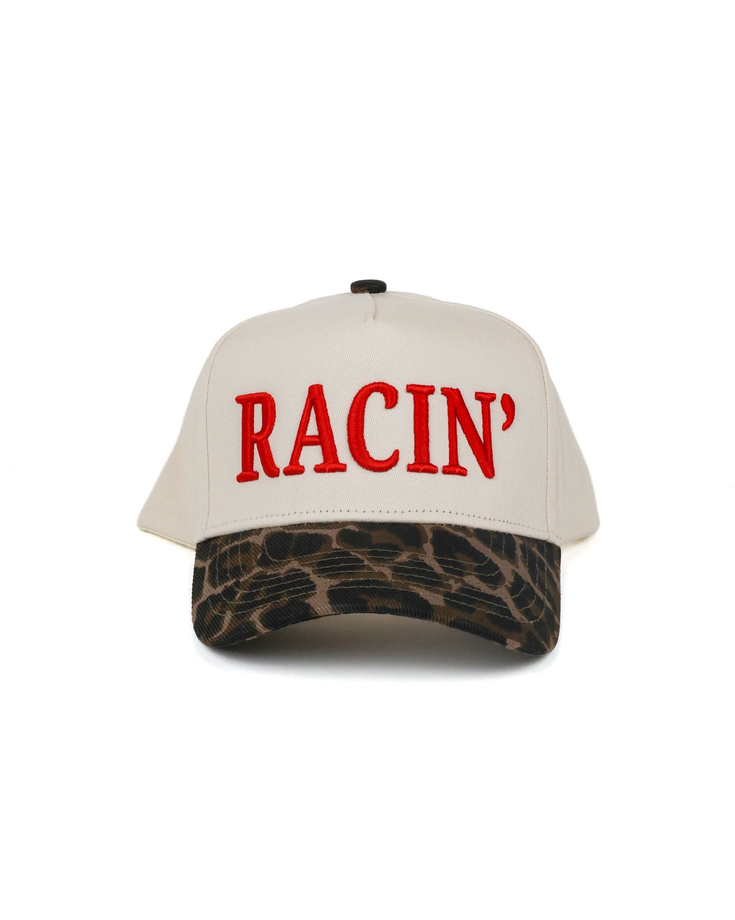 Race Royalty™ RACIN' Hat in Red/Leopard — women's structured 5-panel puff embroidered snapback race day hat.