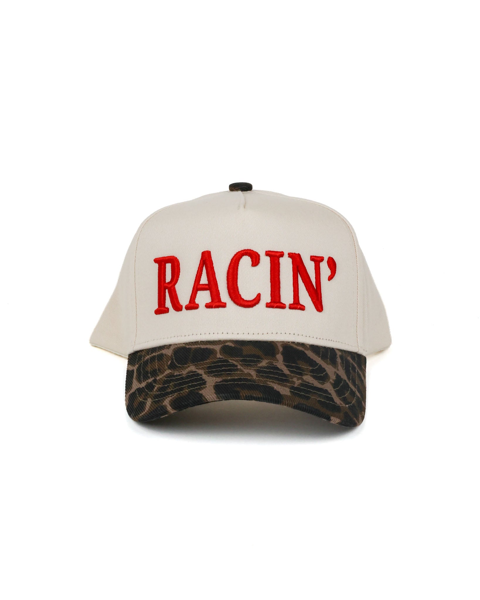 Race Royalty™ RACIN' Hat in Red/Leopard — women's structured 5-panel puff embroidered snapback race day hat.