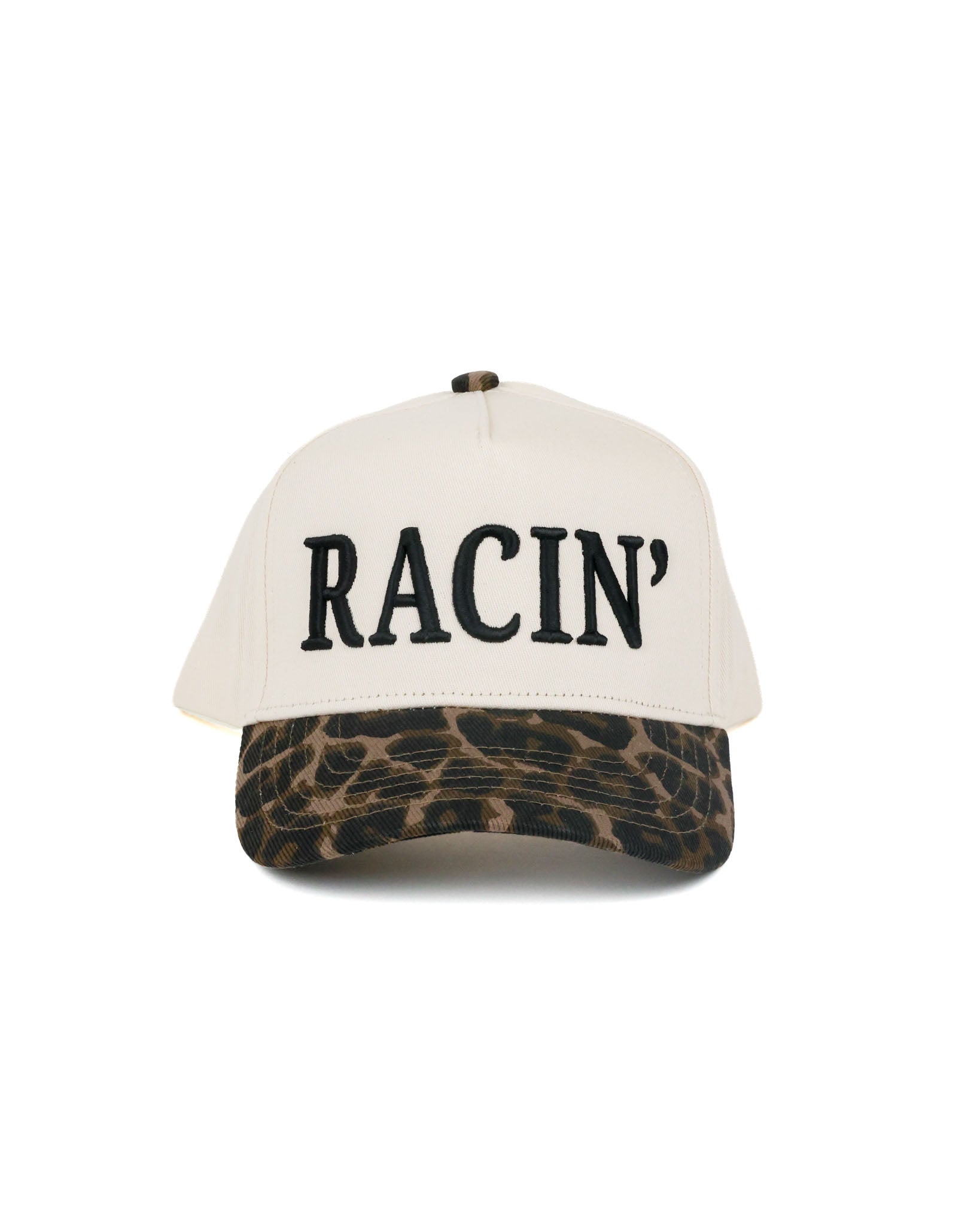 Race Royalty™ RACIN' Hat in Black/Leopard — women's structured 5-panel puff embroidered snapback race day hat.