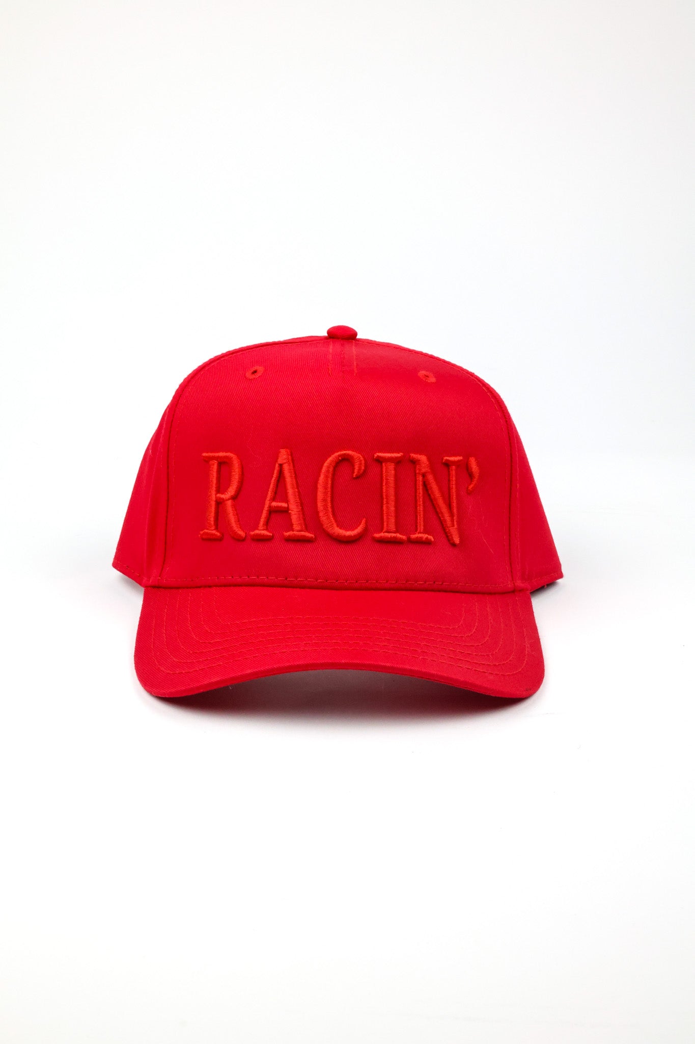 Race Royalty™ RACIN' Hat in Red/Red — women's structured 5-panel puff embroidered snapback race day hat.