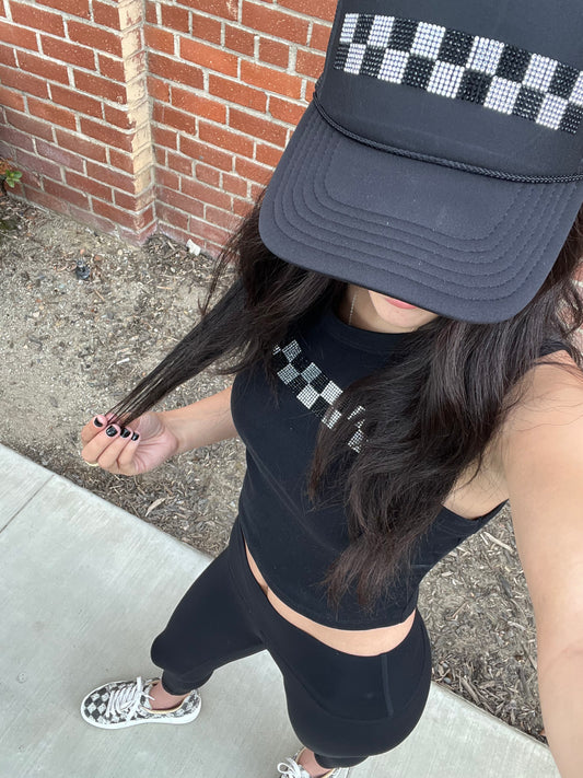 Rhinestone Checkered Trucker Hat