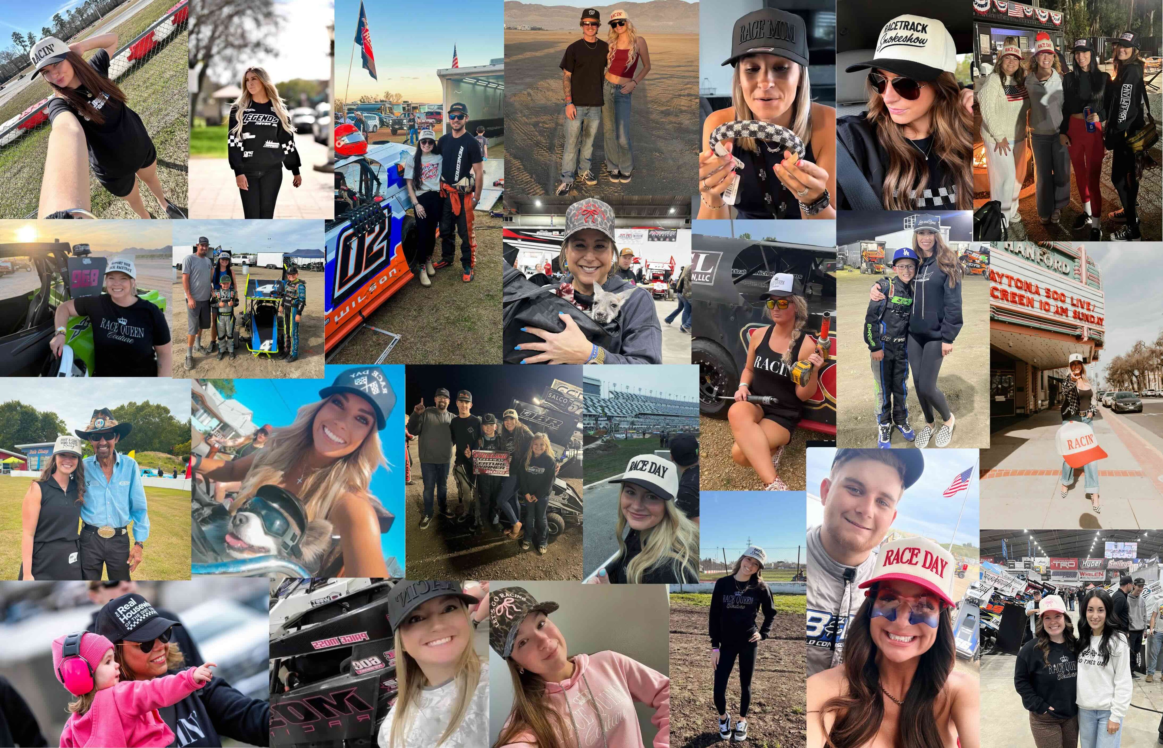 A 15-photo collage of various people wearing checkered racing caps, celebrating at race tracks, and posing with racing gear, including helmets and checkered flags.