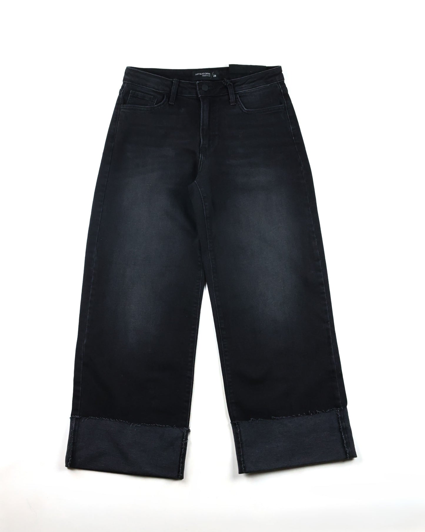 Women's high-rise Scissor Cut Cuffed Wide Leg Jeans in Washed Black by Just Black Denim