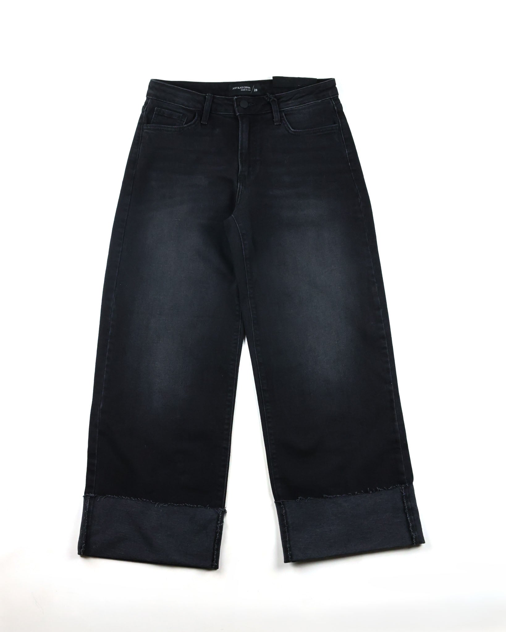 Women's high-rise Scissor Cut Cuffed Wide Leg Jeans in Washed Black by Just Black Denim