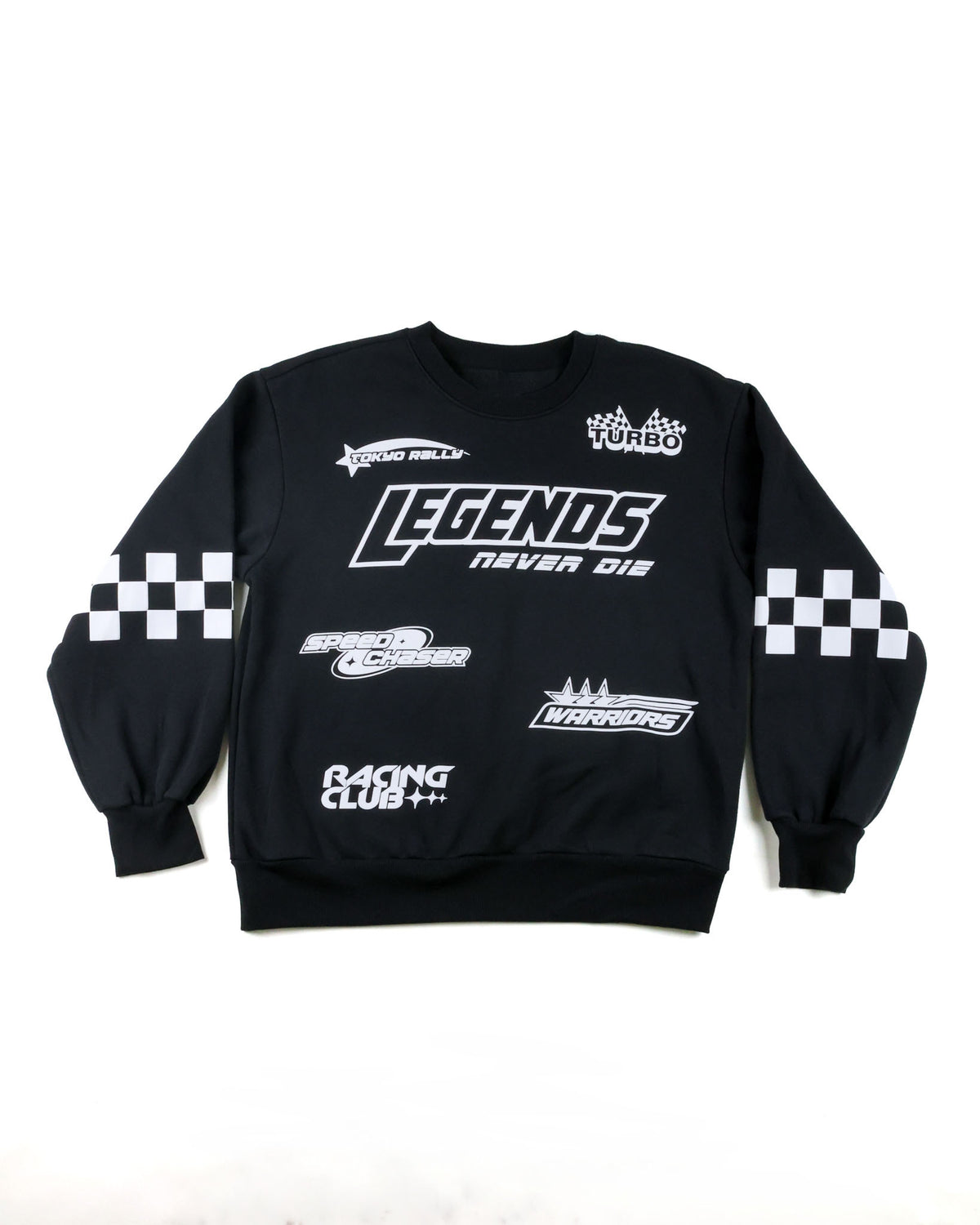 A black long-sleeve crewneck sweatshirt with various white racing-themed graphics, including 'LEGENDS NEVER DIE' on the chest, checkered patterns on the sleeves, and sponsor-style logos.