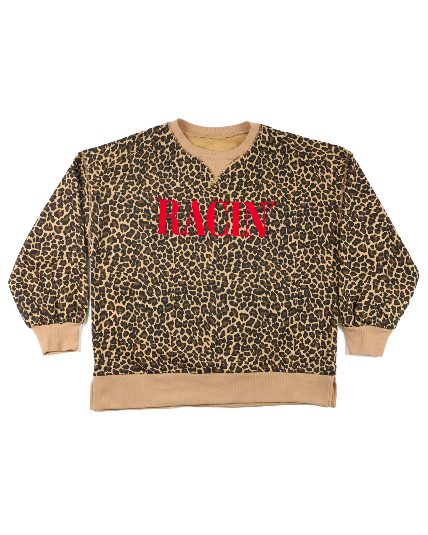 Leopard print crewneck with red RACIN' embroidery from the RACIN' collection by Race Royalty™