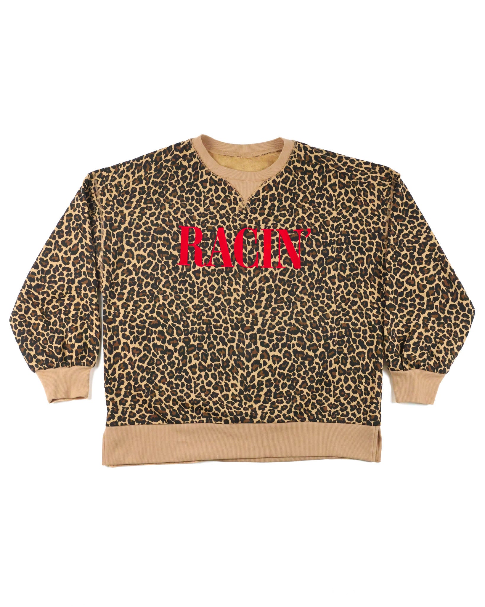 Leopard print crewneck with red RACIN' embroidery from the RACIN' collection by Race Royalty™
