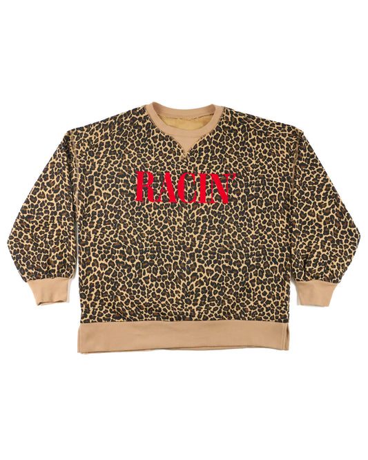 Leopard print crewneck with red RACIN' embroidery from the RACIN' collection by Race Royalty™