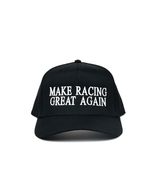 Make Racing Great Again snapback hat by Race Royalty in black, women's race day hat with puff embroidery.