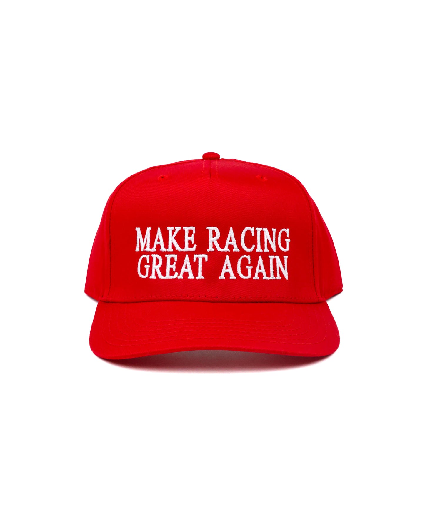 Make Racing Great Again snapback hat by Race Royalty in red, front view.