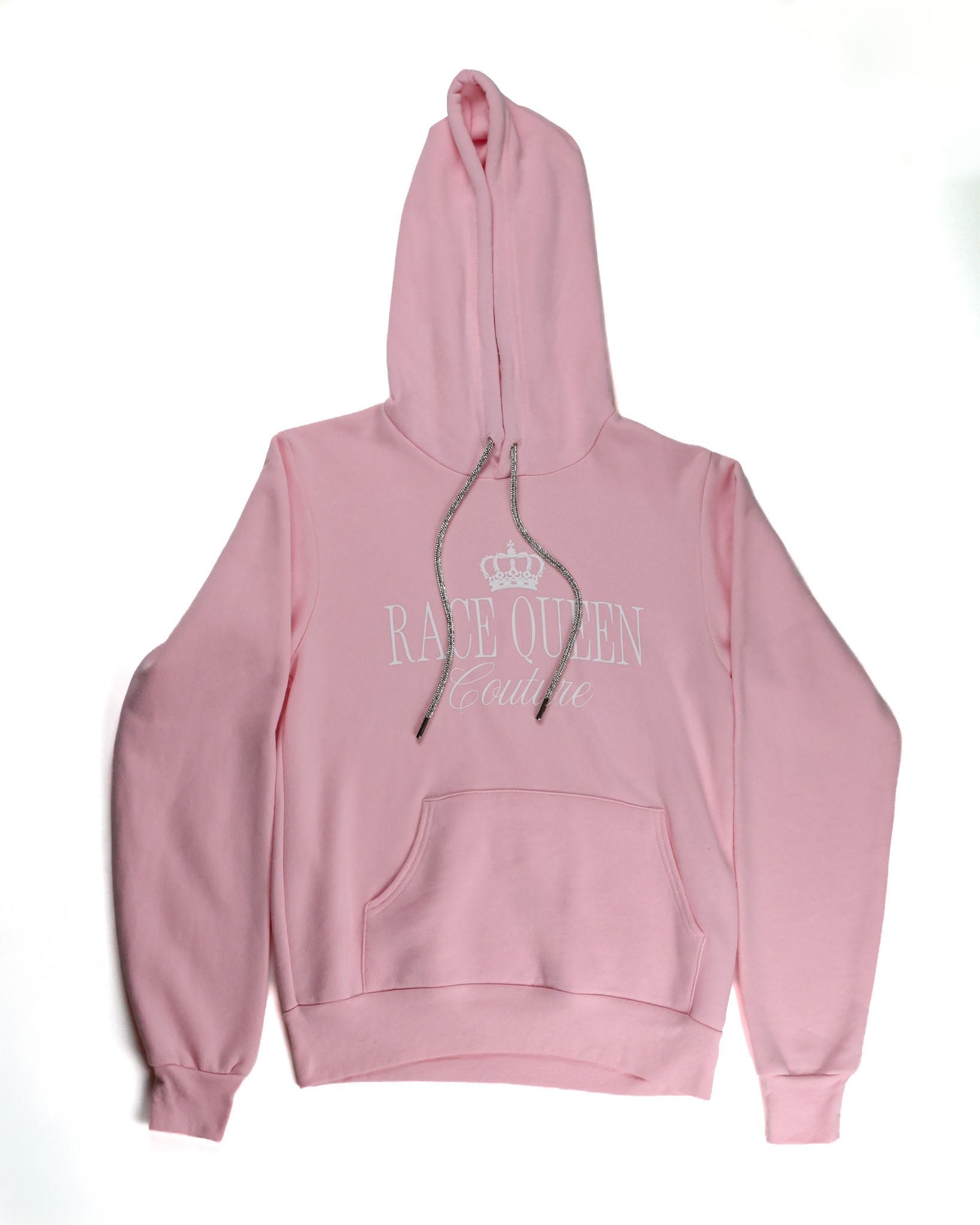 Race Royalty™ RQC Hooded Sweatshirt with Rhinestone Drawstrings in Pink — cozy Bella Canvas hoodie with sparkling rhinestone drawstrings.