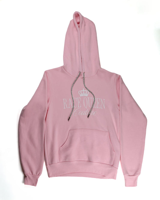 Race Royalty™ RQC Hooded Sweatshirt with Rhinestone Drawstrings in Pink — cozy Bella Canvas hoodie with sparkling rhinestone drawstrings.