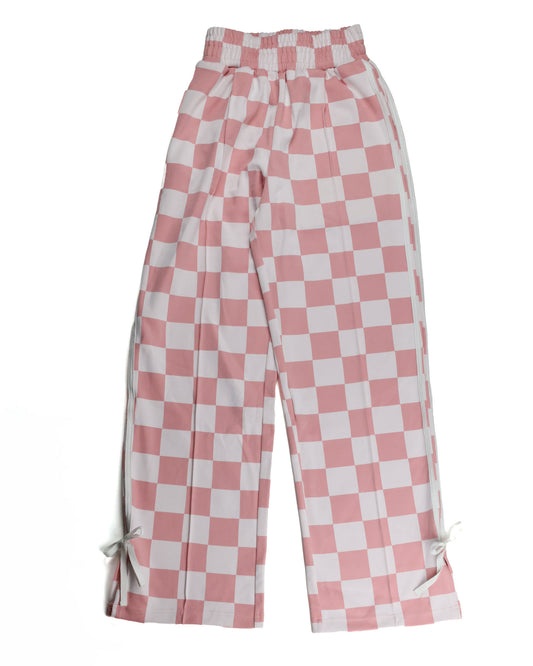 Checkered Wide Leg Bow Trackpants - Pink & Powerful
