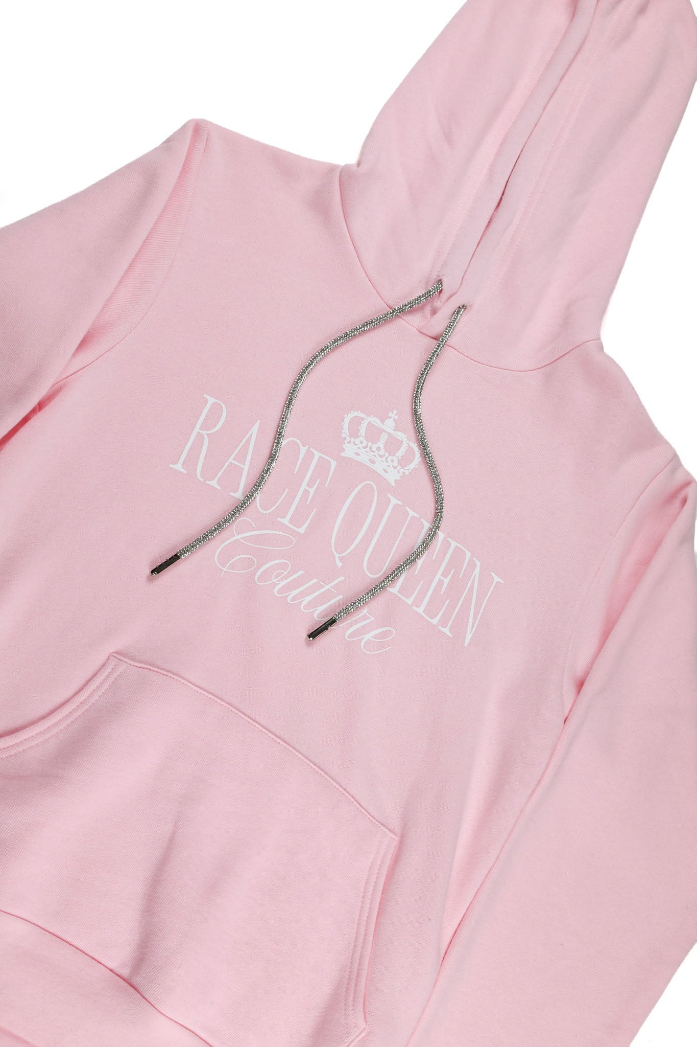 Race Royalty™ RQC Hooded Sweatshirt with Rhinestone Drawstrings in Pink — cozy Bella Canvas hoodie with sparkling rhinestone drawstrings.