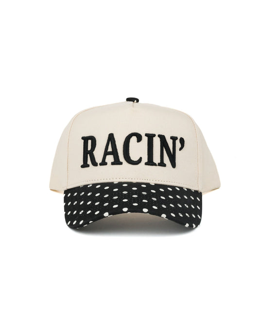 Race Royalty™ RACIN' Polka Dot Hat in Black/White with embroidered RACIN' script and polka dot print
