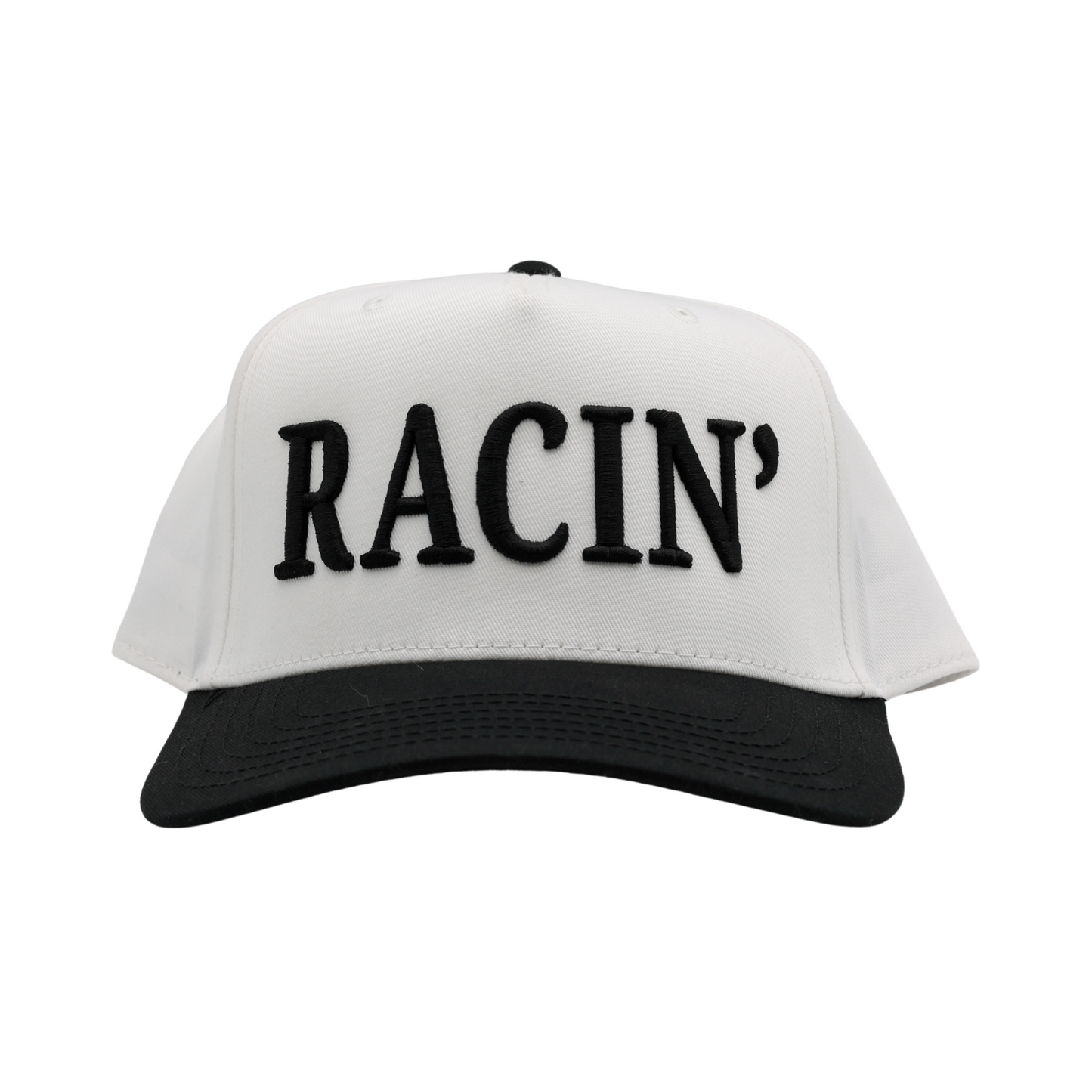 RACIN' Snapback Hat - White Hat w/ Black Stitching