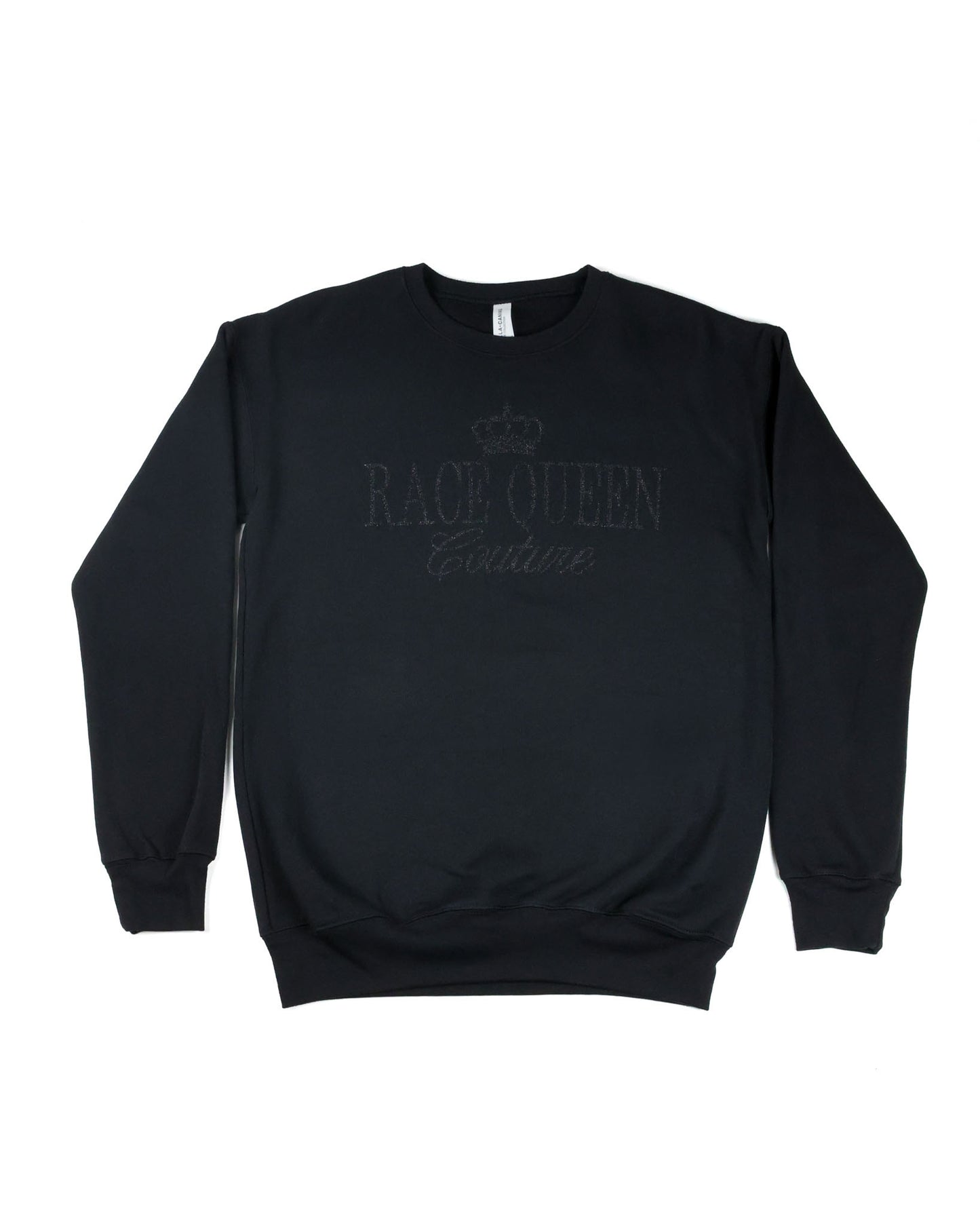 Race Royalty™ RQC Black on Black Glitter Crewneck with glitter RQC logo on premium Bella + Canvas fleece