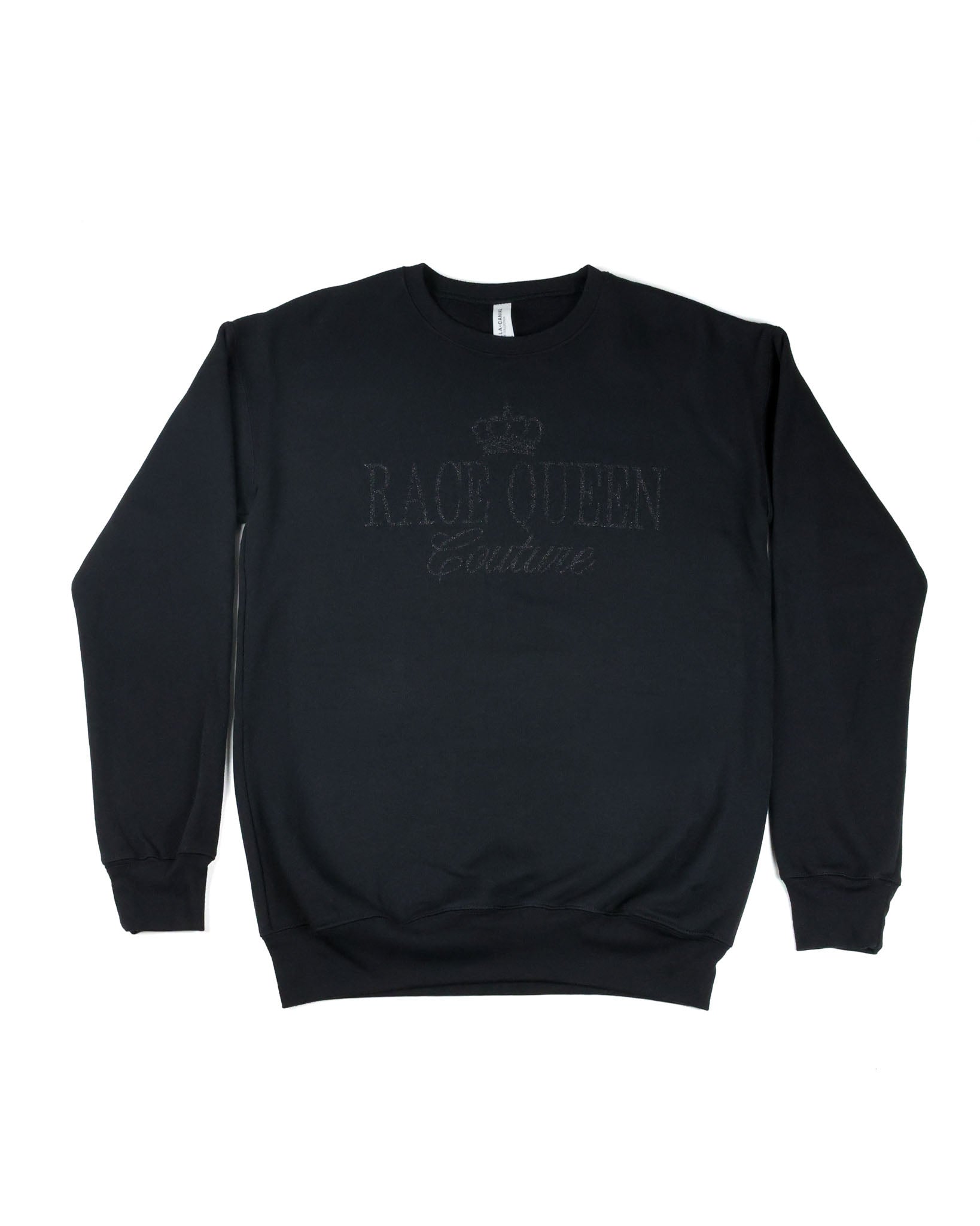 Race Royalty™ RQC Black on Black Glitter Crewneck with glitter RQC logo on premium Bella + Canvas fleece