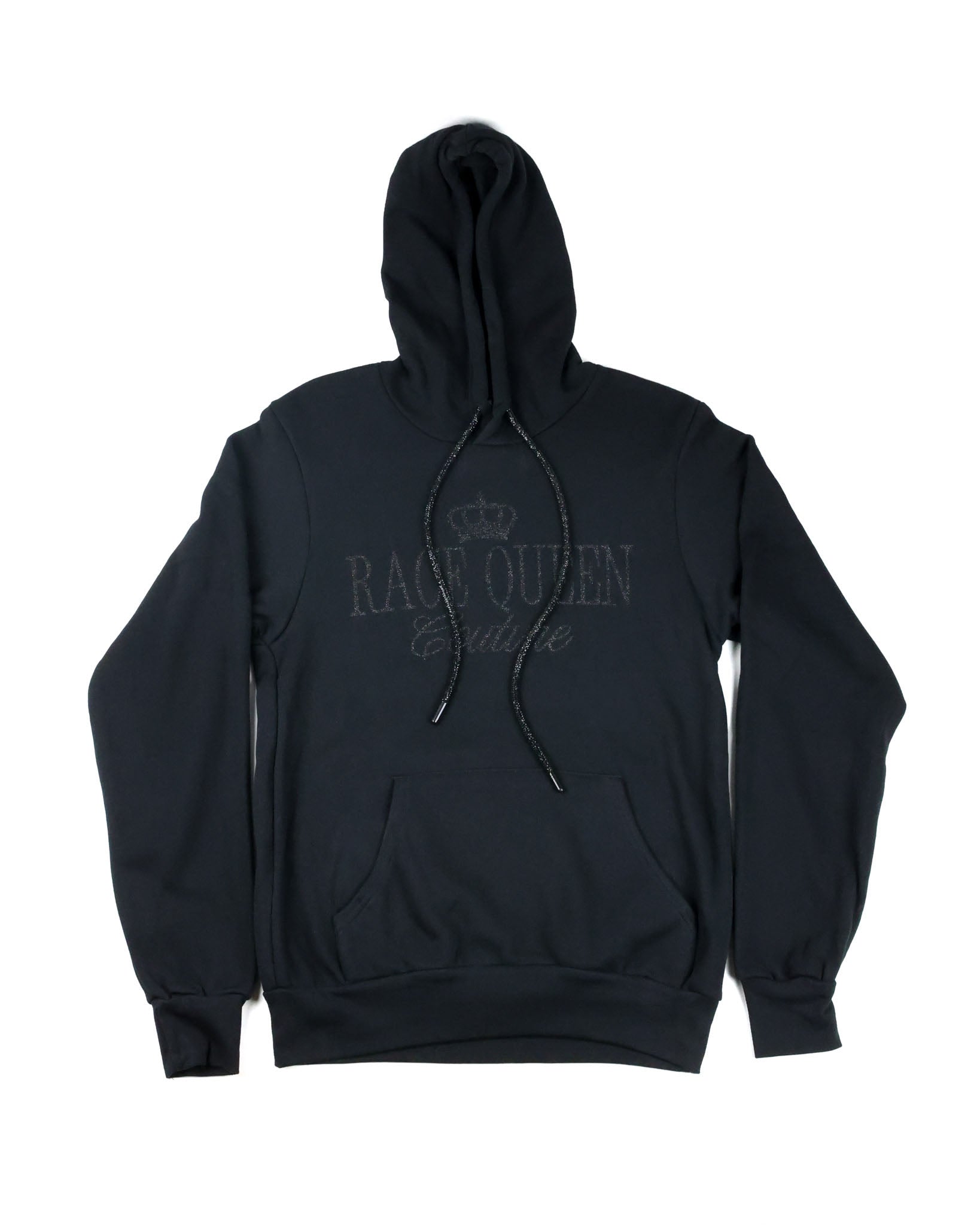 RQC Black on Black Glitter Sweatshirt with rhinestone drawstrings