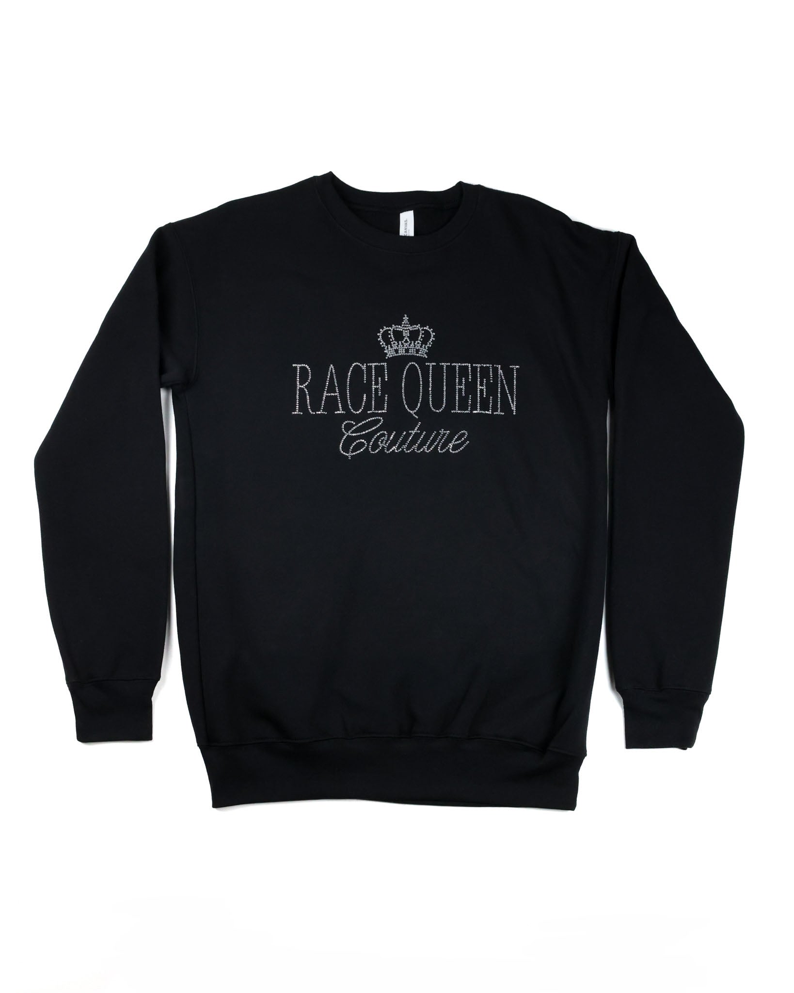 Race Royalty™ RQC Rhinestone Crewneck in Black — sparkly rhinestone Race Queen Couture graphic on a premium Bella + Canvas fleece crewneck.