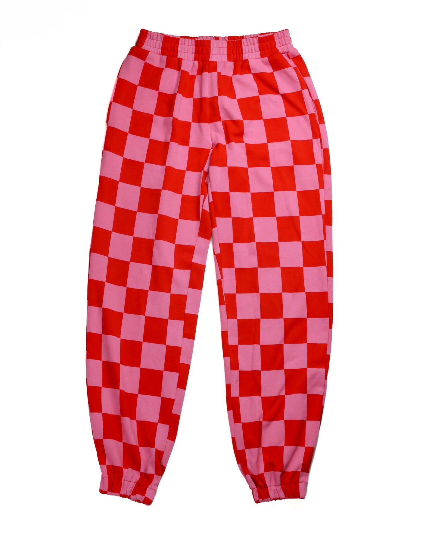 Ampersand Ave Love Language Checkered Joggers in Pink/Red — checkered print joggers with soft poly-cotton-spandex blend.