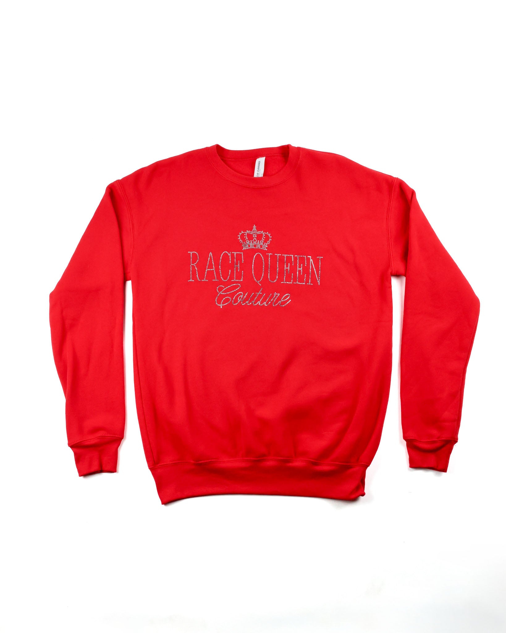 Race Royalty™ RQC Rhinestone Crewneck in Red with sparkly rhinestone Race Queen Couture graphic