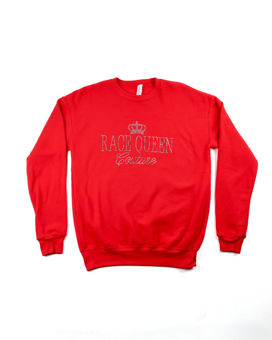 Race Royalty™ RQC Rhinestone Crewneck in Red with sparkly rhinestone Race Queen Couture graphic
