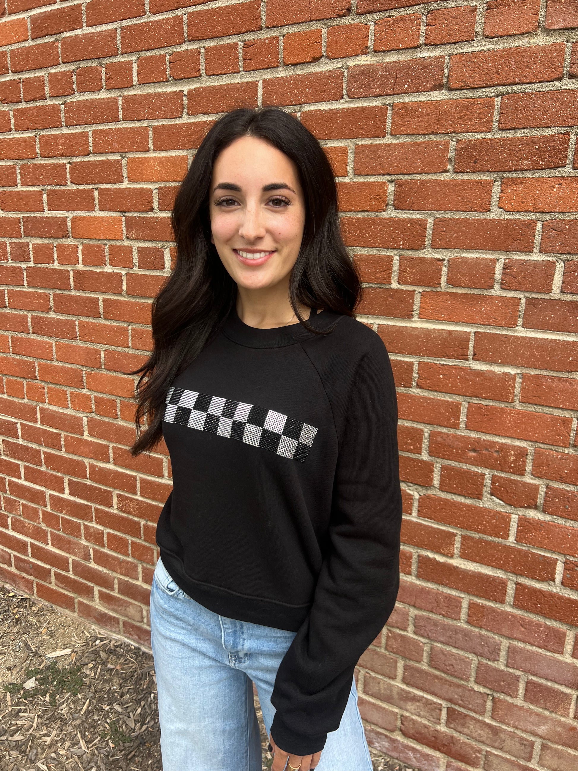 Rhinestone Checkered Crewneck by Race Royalty, women's cropped race day sweatshirt with rhinestone detailing.