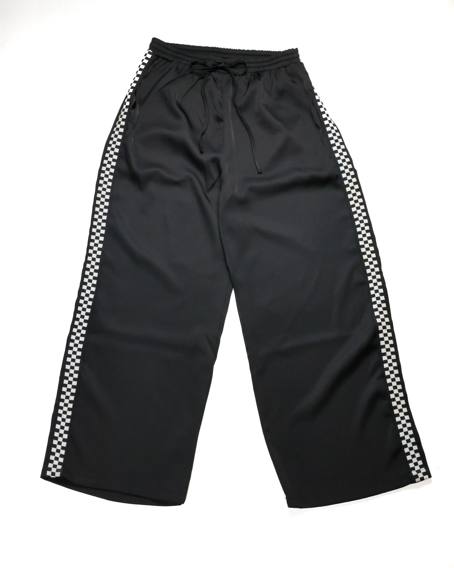 Checkered satin sweatpants with elastic waistband and side pockets by Race Royalty™