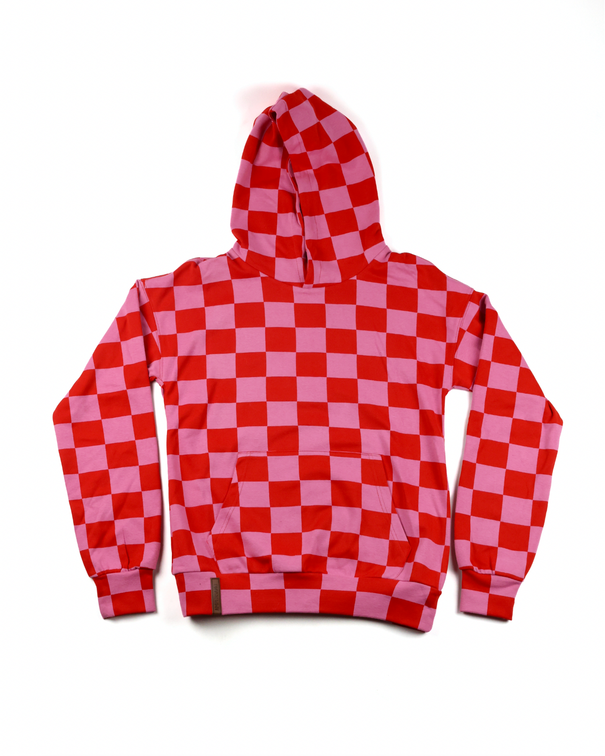 Ampersand Ave Love Language Checkered University Hoodie in Pink/Red — checkered print hoodie with soft poly-cotton-spandex blend.