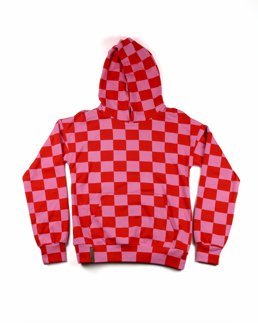 Ampersand Ave Love Language Checkered University Hoodie in Pink/Red — checkered print hoodie with soft poly-cotton-spandex blend.