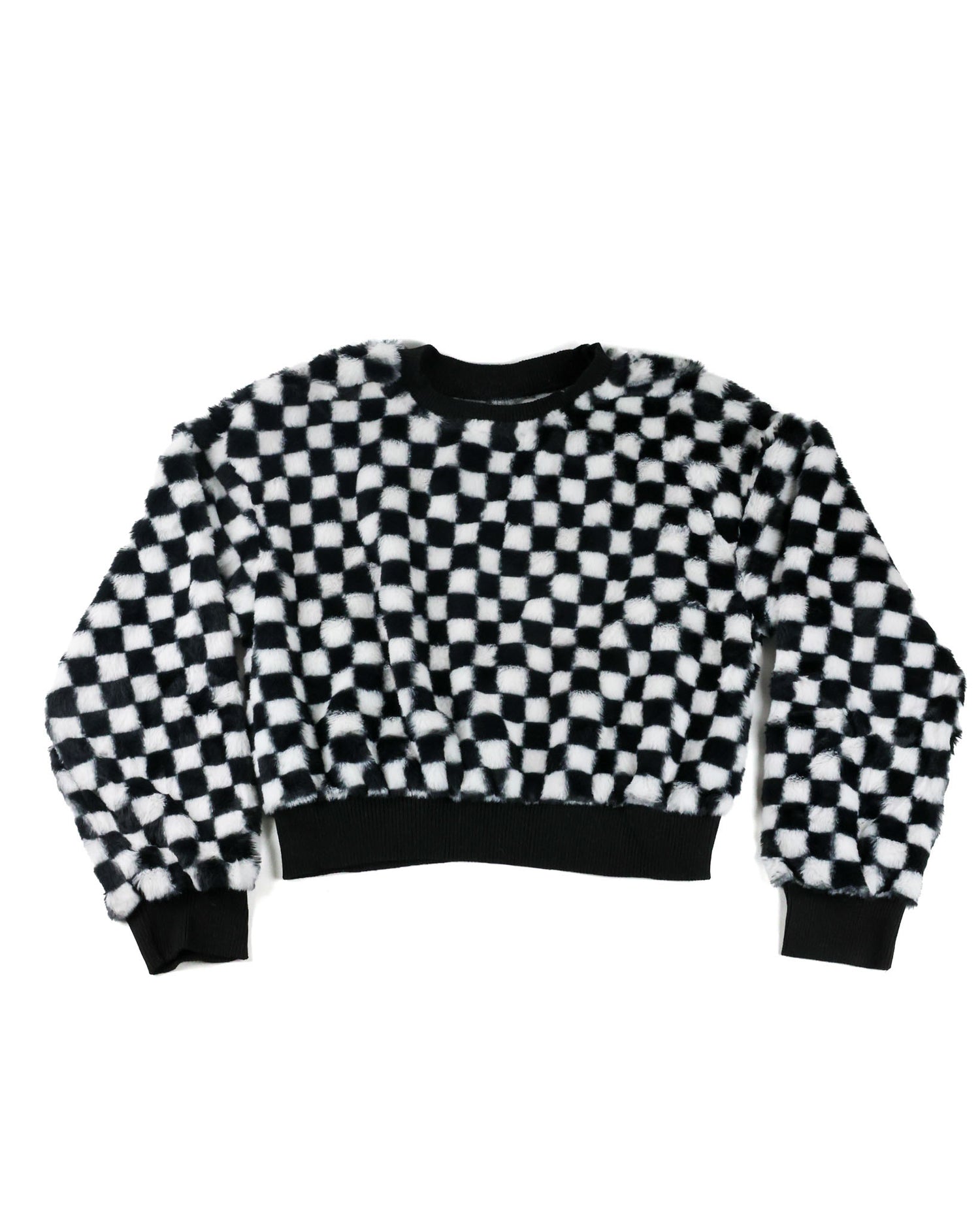 A cropped long-sleeve sweatshirt with a black and white checkered fuzzy pattern, featuring solid black ribbed cuffs, collar, and hem, displayed on a plain white background.