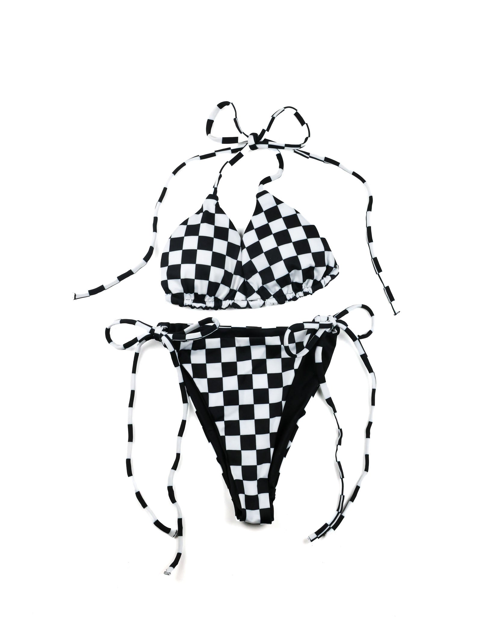 Checkered string bikini with bikini top with removable padding, UPF 50+ recycled polyester"