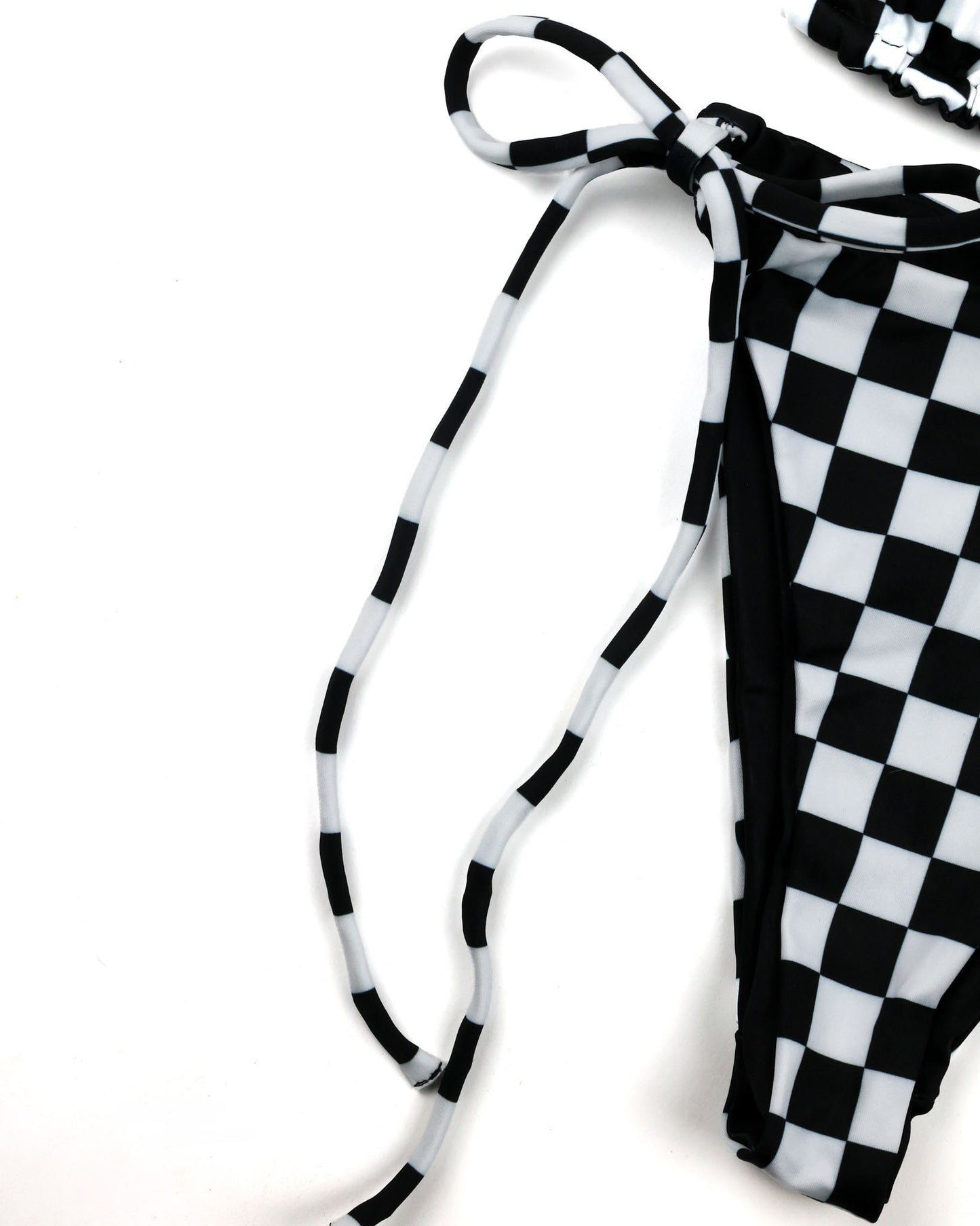 Woman wearing Checkered Swim Set, adjustable tie straps