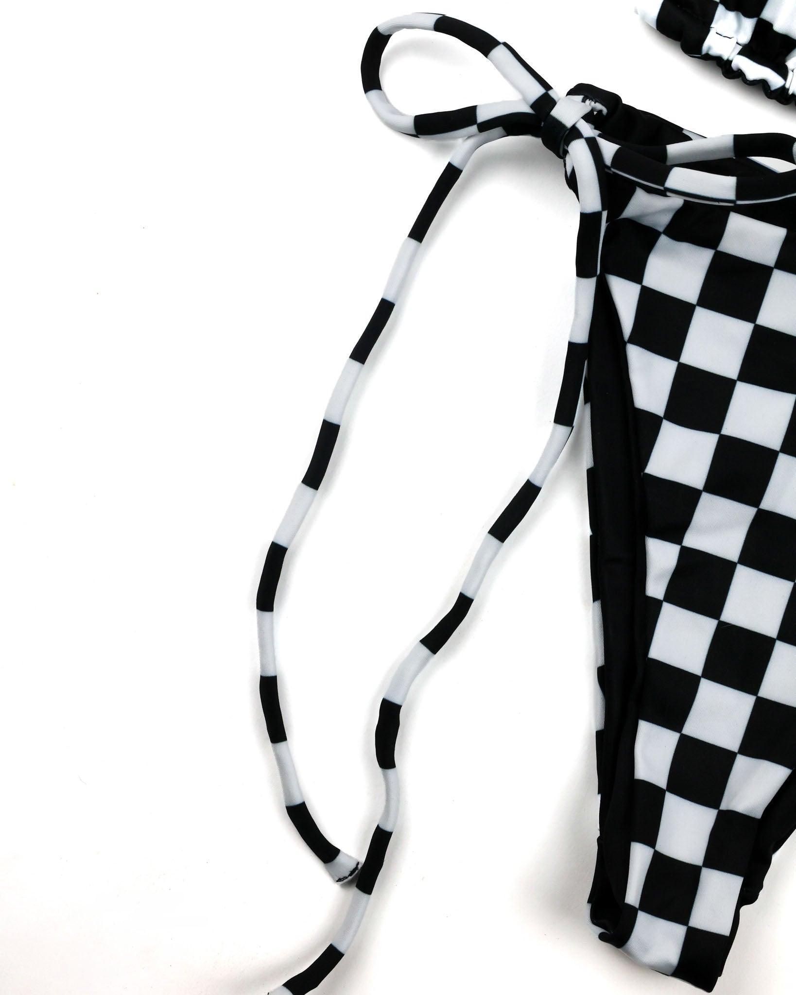 Woman wearing Checkered Swim Set, adjustable tie straps