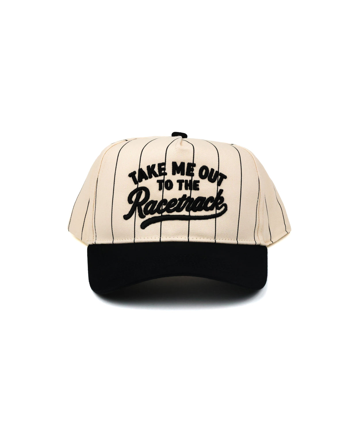 Take Me Out To The Racetrack pinstripe hat by Race Royalty — women's race day snapback with puff embroidery.
