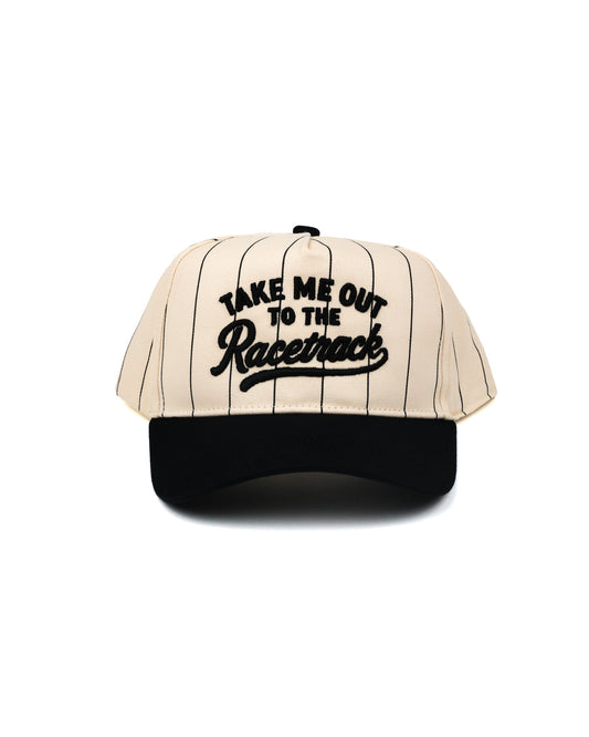 Take Me Out To The Racetrack pinstripe hat by Race Royalty — women's race day snapback with puff embroidery.

