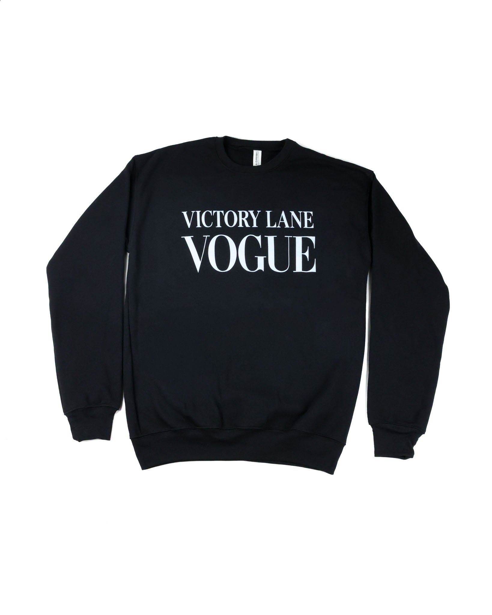 Race Royalty™ Victory Lane Vogue Crewneck in Black — luxe crewneck on premium Bella + Canvas fleece.