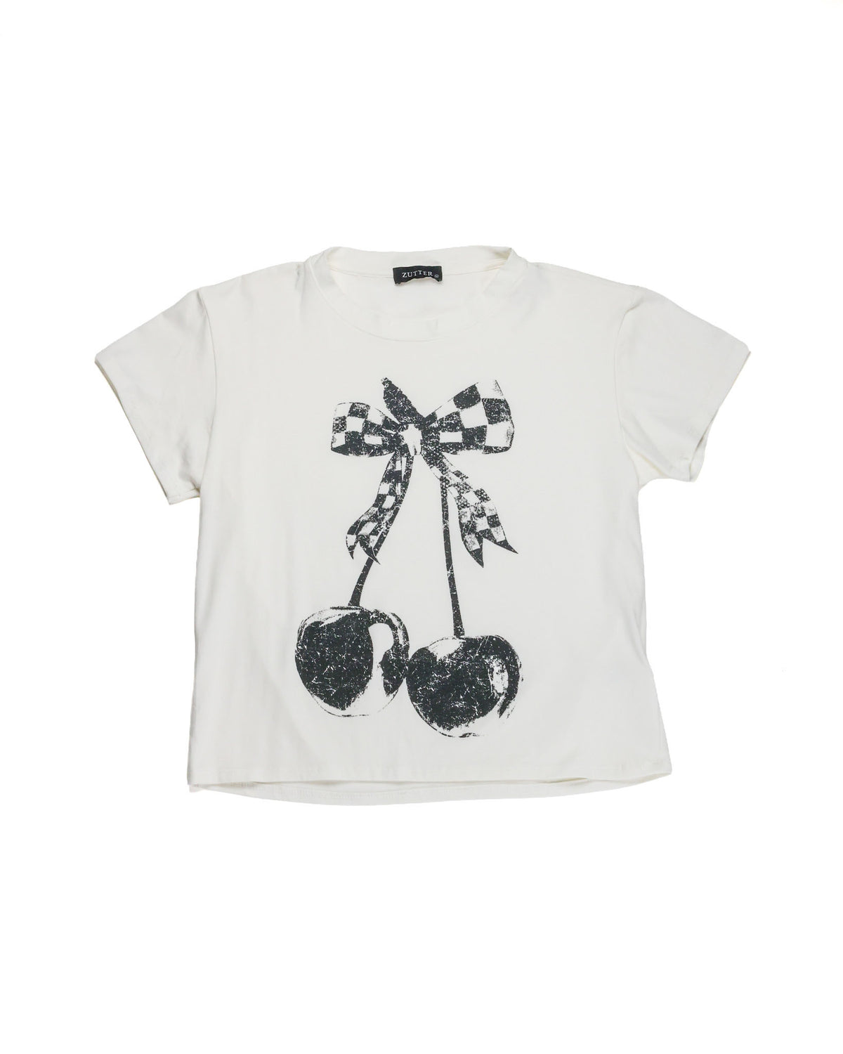 Checkered Cherry With Bow Graphic Top - WHITE