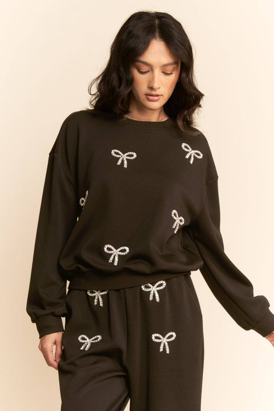Rhinestone Bow Knit Sweatsuit Set