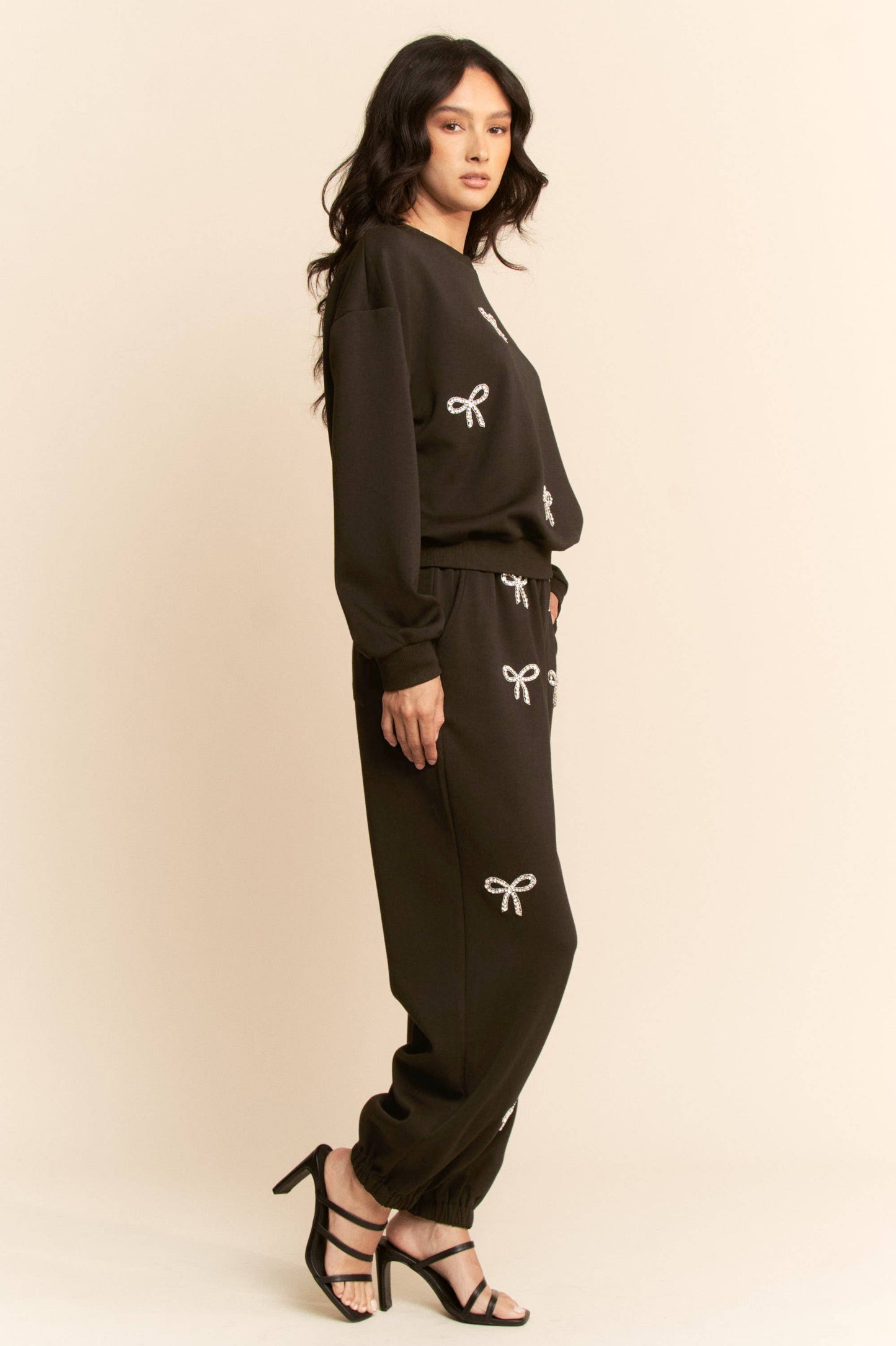 Rhinestone Bow Knit Sweatsuit Set